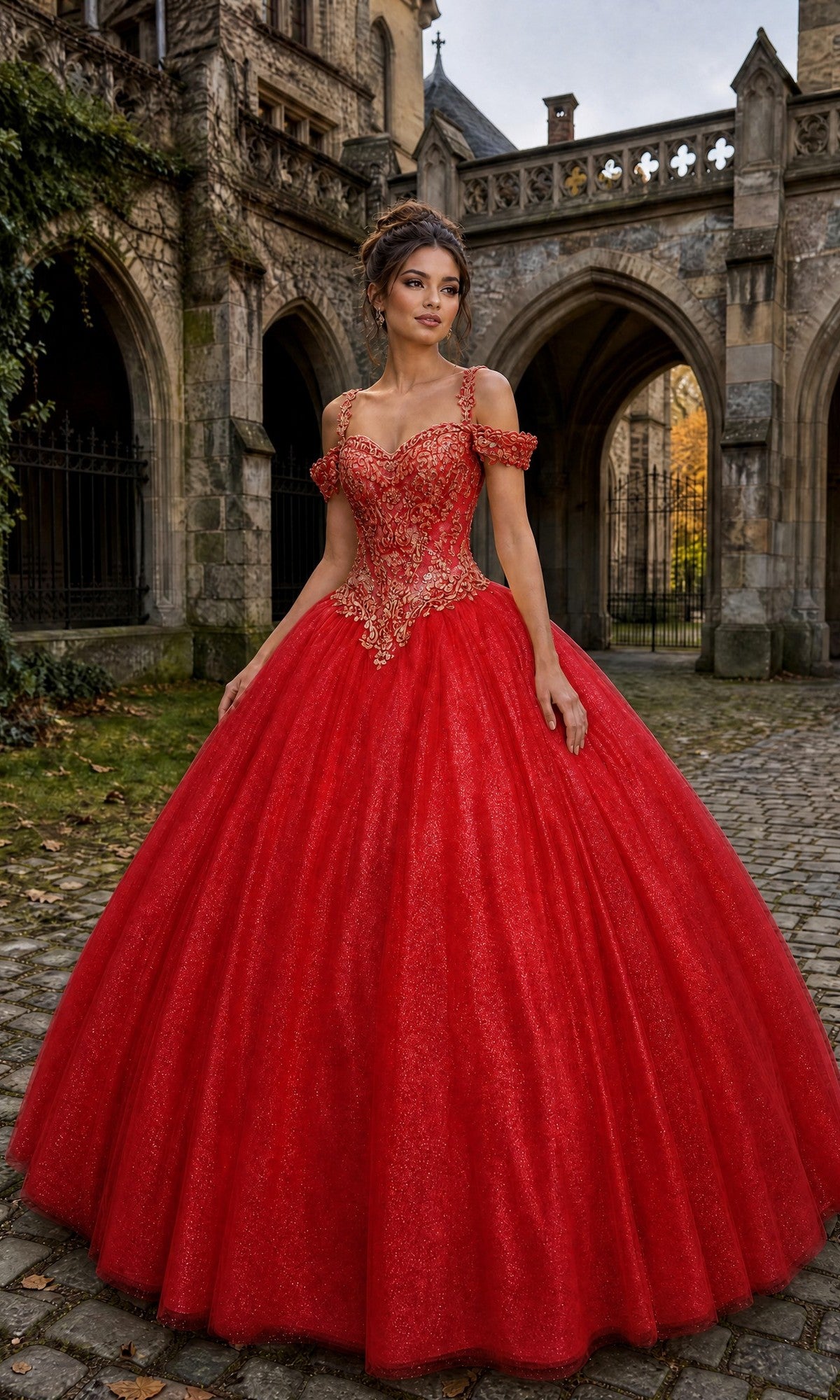 A woman stands in front of a stone building wearing the Chicas C1535 Quinceanera Dress—an elegant red gown with cold-shoulder styling, an embellished bodice, and a full skirt.
